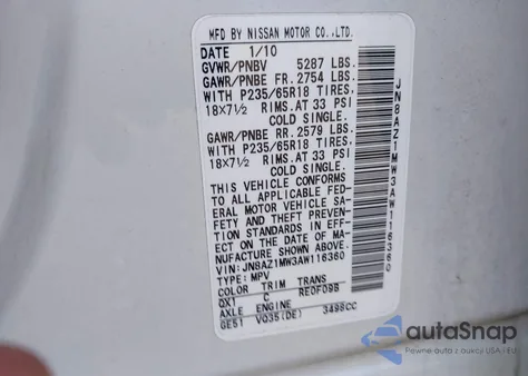 2010 Nissan Murano Sl z USA, uszkodzony, nr VIN JN8AZ1MW3AW116360